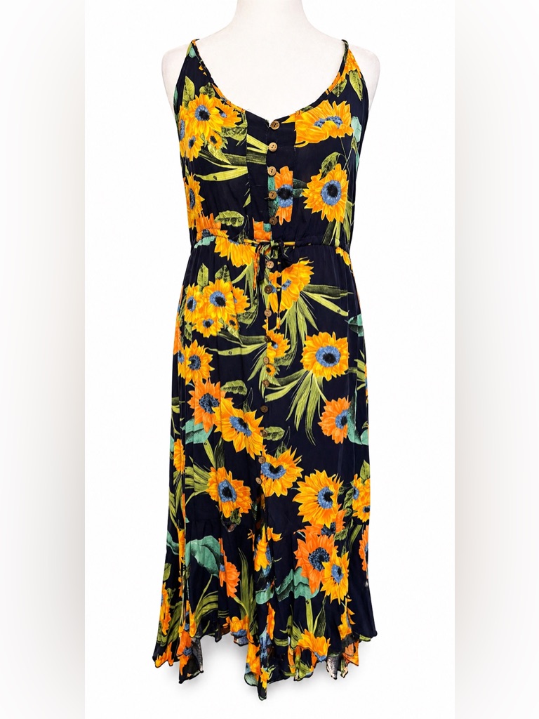 Sunflower Midi Dress Xl Cottagecore Floral Button Front Summer Dress
